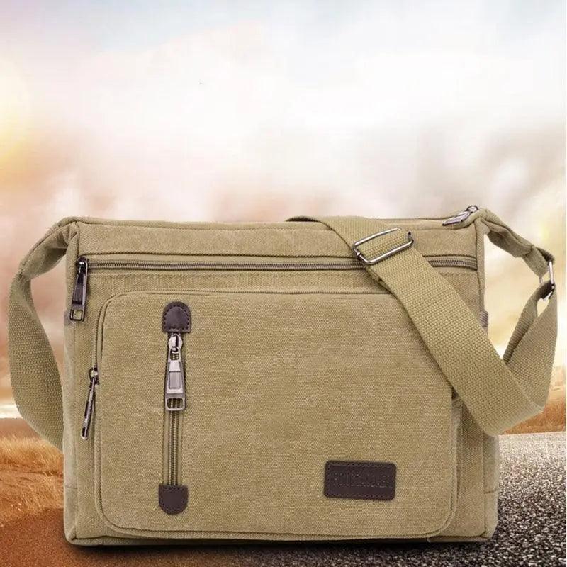 Retro Canvas Messenger Shoulder Bag for Men Travel Crossbody Satchel with Zippers - Khaki - SuperSaverAU - view 5