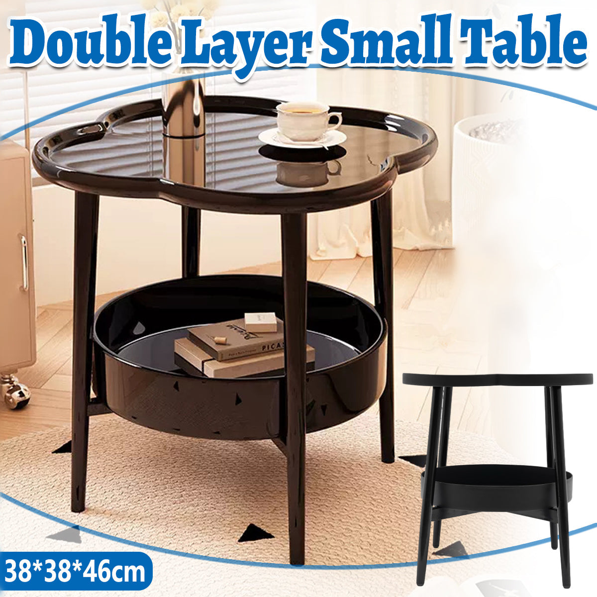 Premium Black Round 2 Tier Coffee Side Table Modern Minimalist 38cm