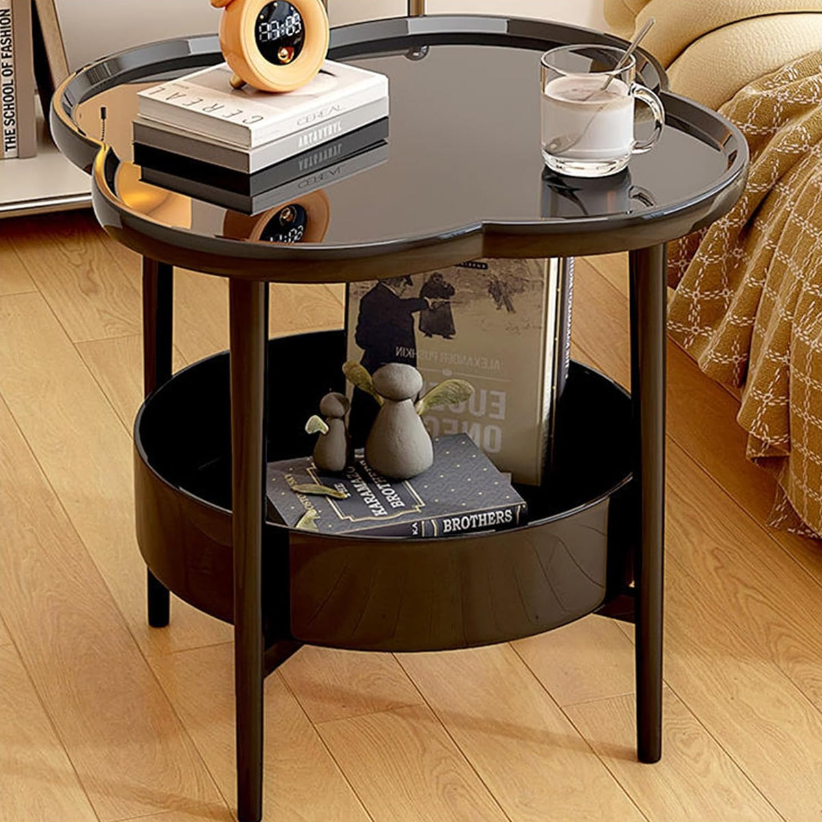 Premium Black Round 2 Tier Coffee Side Table Modern Minimalist 38cm