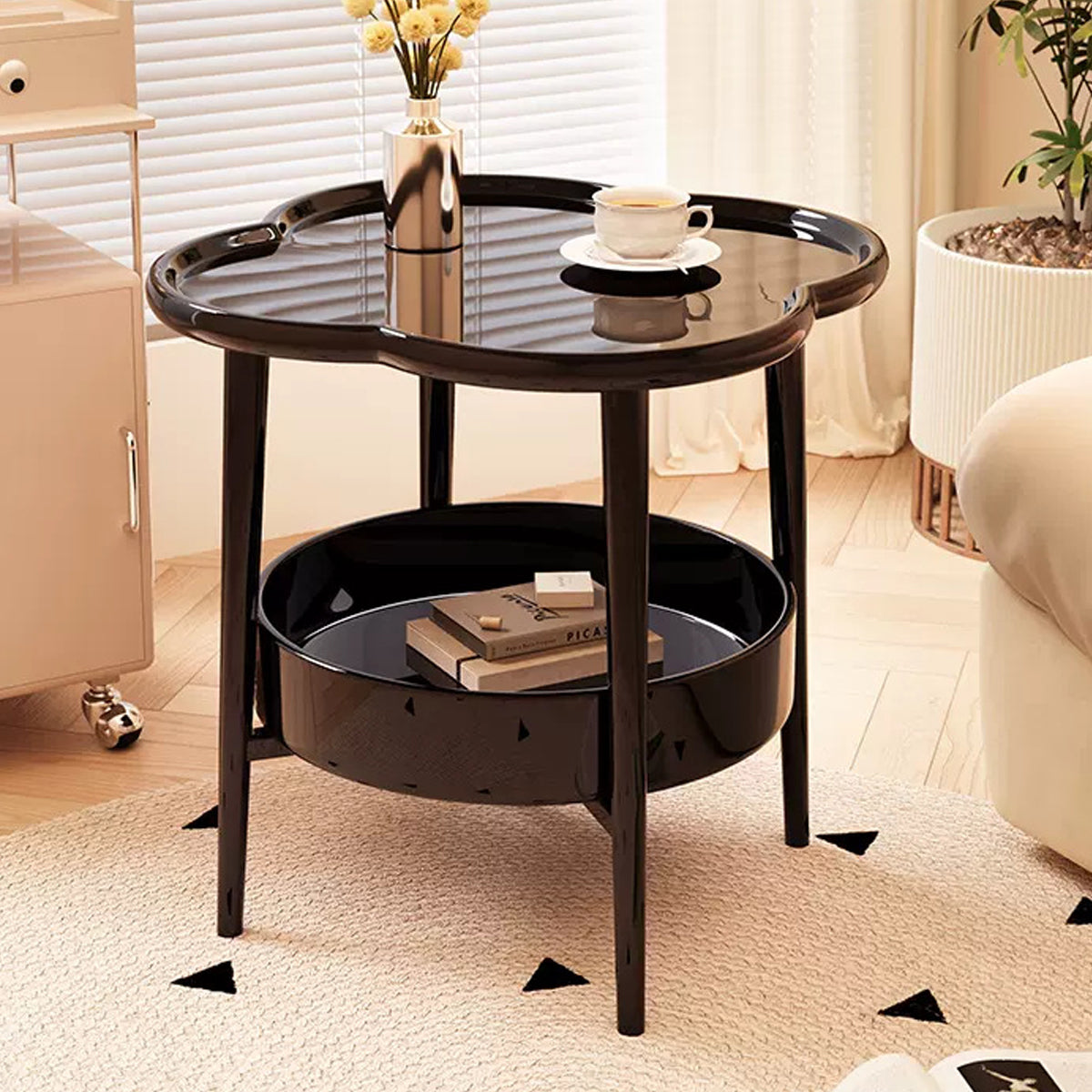 Premium Black Round 2 Tier Coffee Side Table Modern Minimalist 38cm