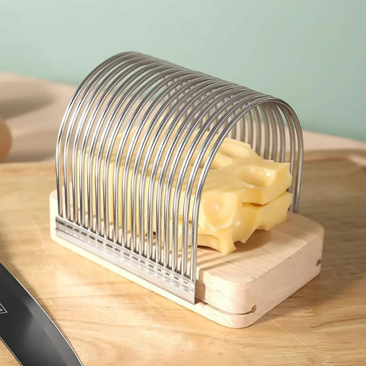 Premium Multifunction Kitchen Slicer – Stainless Steel with Oak Wood Base
