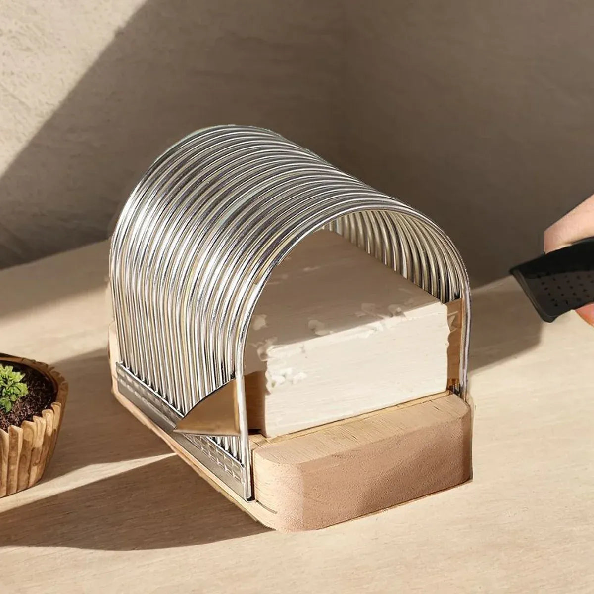 Premium Multifunction Kitchen Slicer – Stainless Steel with Oak Wood Base