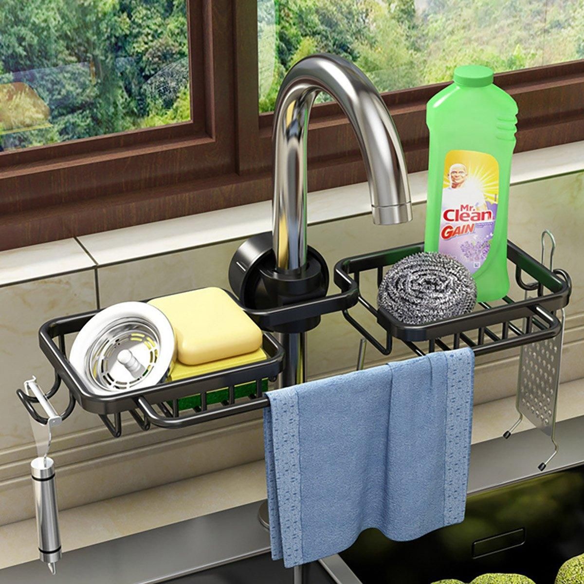 Premium Black Aluminium Faucet Shelf Sink Draining Basket with Towel Holder