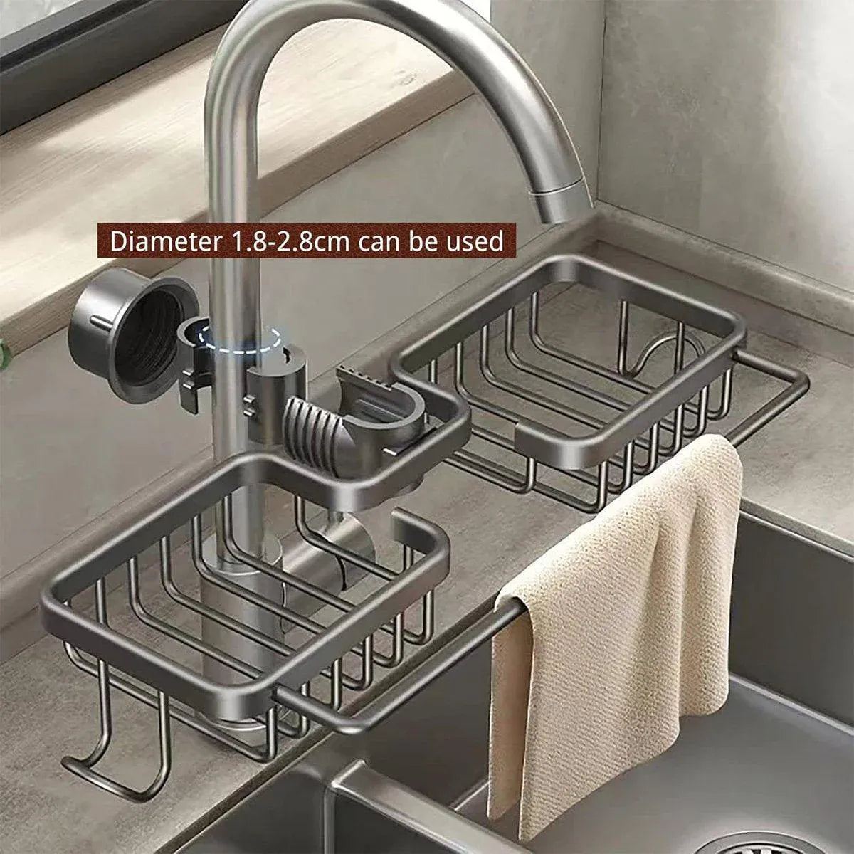 Premium Grey Aluminium Faucet Shelf Sink Draining Basket with Towel Holder