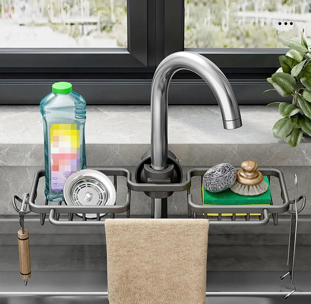 Premium Grey Aluminium Faucet Shelf Sink Draining Basket with Towel Holder