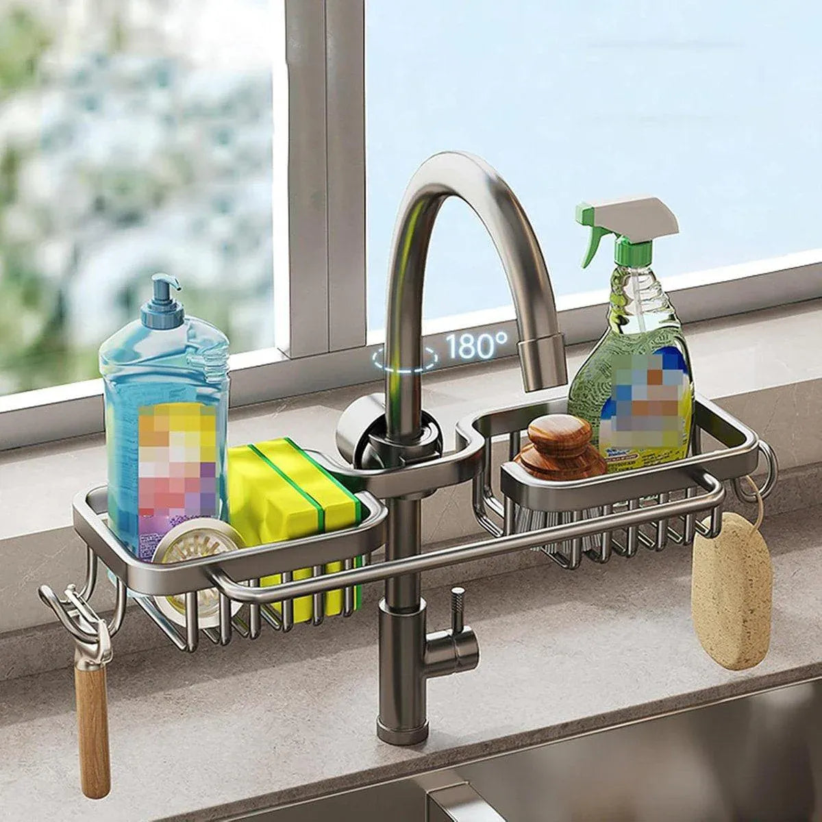 Premium Silver Aluminium Faucet Shelf Sink Draining Basket with Towel Holder