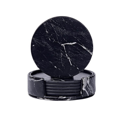 Premium Marble PU Coasters – Marble Black 6 Pack with Holder