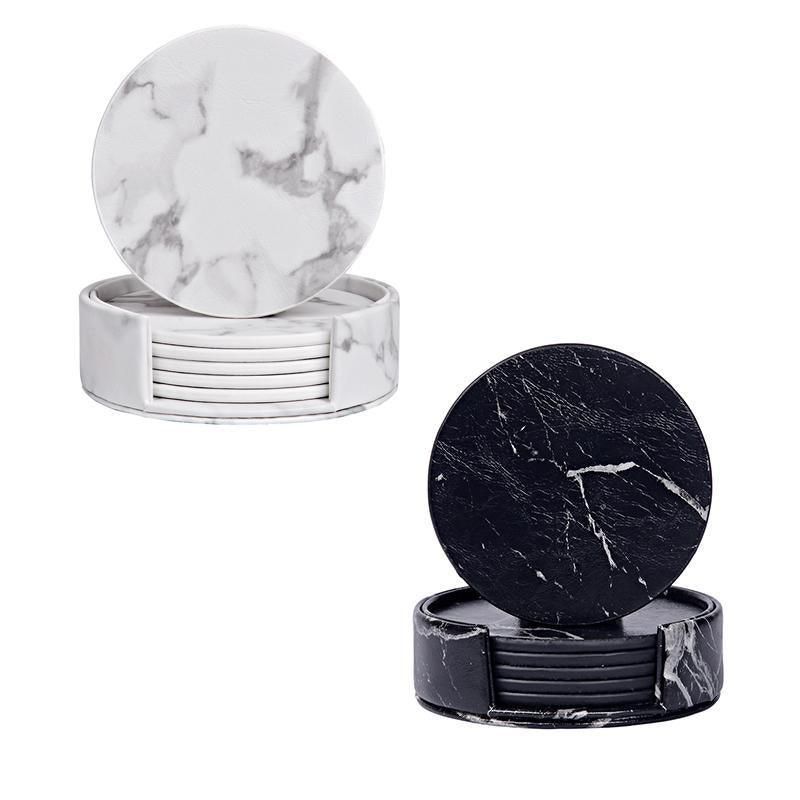 Premium Marble PU Coasters – Marble Black 6 Pack with Holder