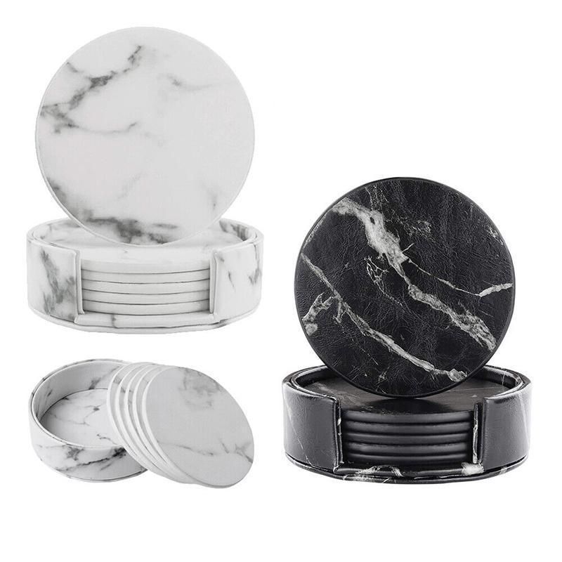 Premium Marble PU Coasters – Marble Black 6 Pack with Holder
