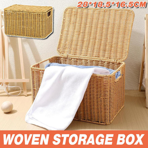 Rattan Woven Storage Basket with Lid, 28 x 18.5 x 16.5 cm, Portable & Durable - SuperSaverAU - view 1