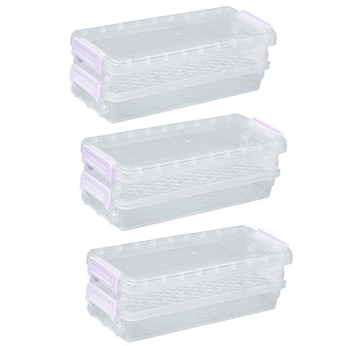 Premium 3pcs Clear 2-Layer Plastic Desktop Storage Boxes Grey Latch 20.5cm