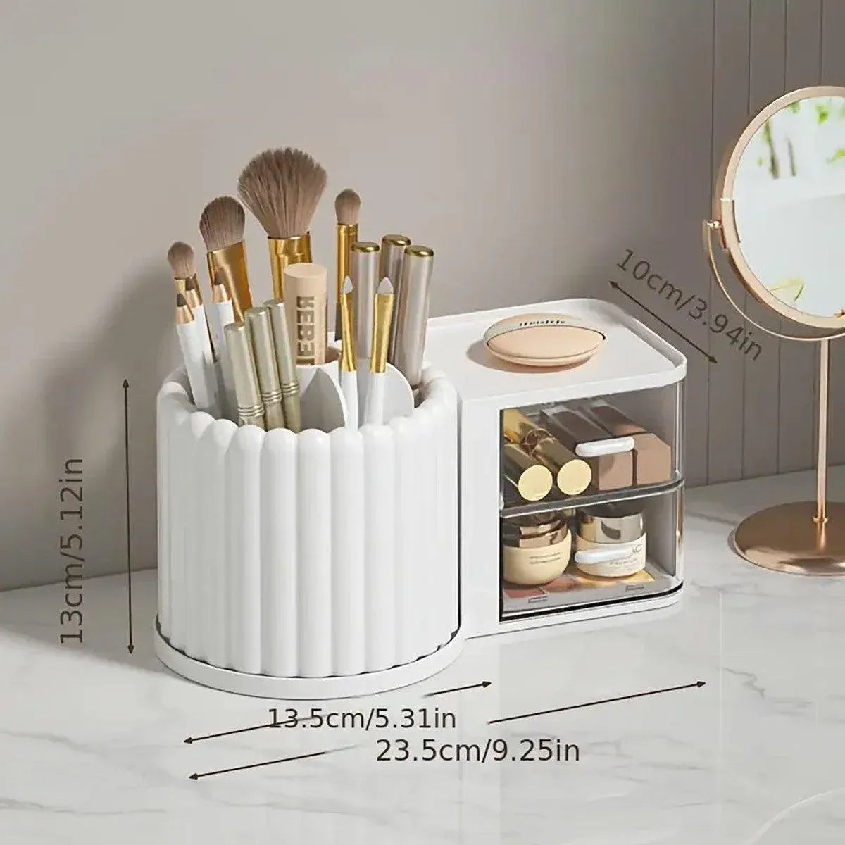 Premium Rotating Cosmetic & Pen Holder – Pink with Dustproof Drawers