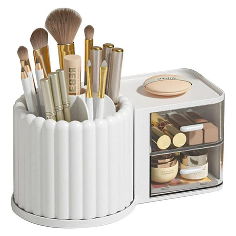 Premium Rotating Cosmetic & Pen Holder – White with Dustproof Drawers