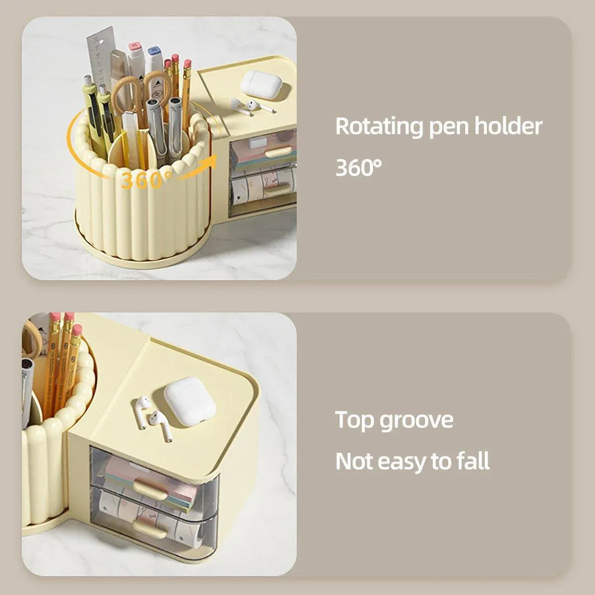 Premium Rotating Cosmetic & Pen Holder – White with Dustproof Drawers