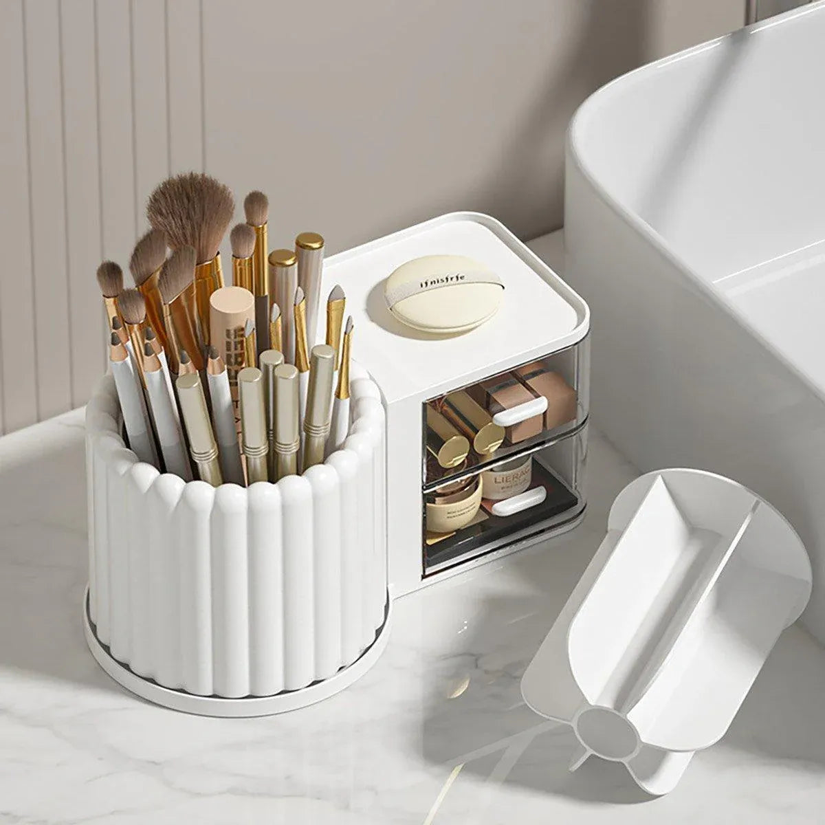 Premium Rotating Cosmetic & Pen Holder – White with Dustproof Drawers