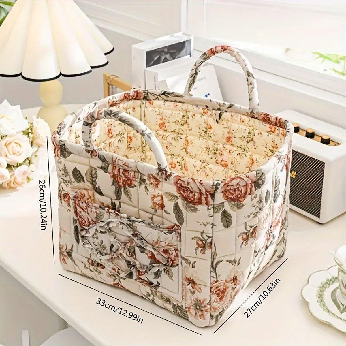 Portable Fabric Storage Basket Korean Pastoral Style Organizer for Home Sundries - Floral6 - SuperSaverAU - view 2