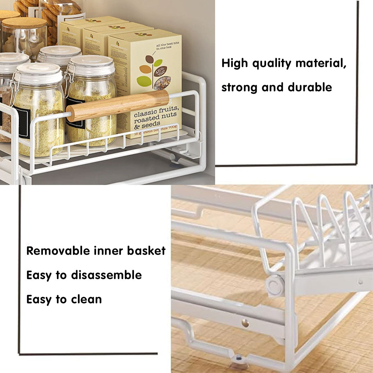 Premium White Pull Out Kitchen Cabinet Storage Rack Basket 40x30x13cm