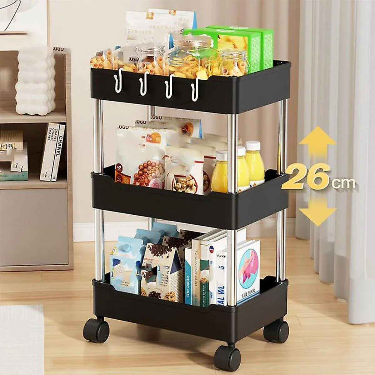 Premium 3 Tier Black Rolling Storage Cart Kitchen Bathroom Organiser with Wheels