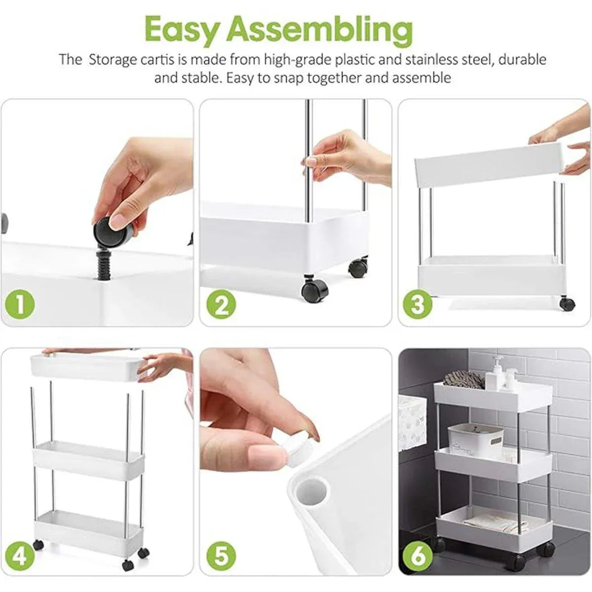 Premium 3 Tier White Rolling Storage Cart Kitchen Bathroom Organiser with Wheels