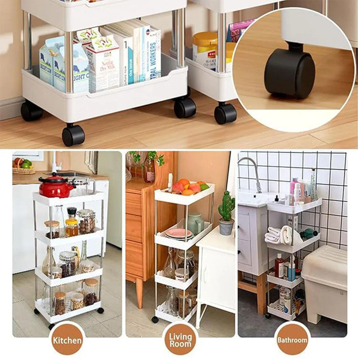 Premium 3 Tier White Rolling Storage Cart Kitchen Bathroom Organiser with Wheels