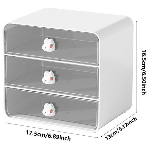 3-Tier Desktop Organiser Drawer Shelf, 17.5x13x16.5cm, White with Rabbit Handles - SuperSaverAU - view 1