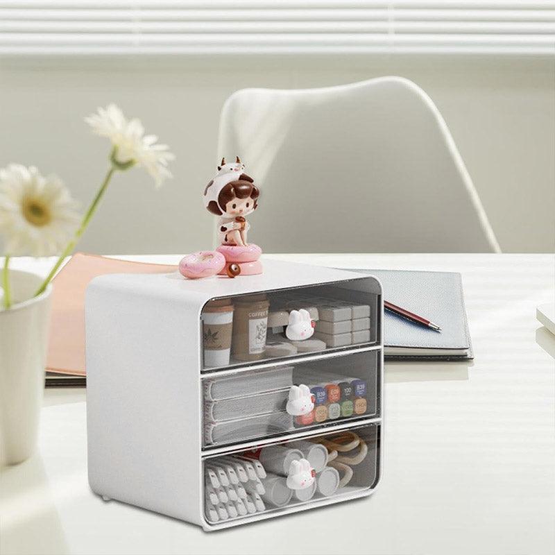 3-Tier Desktop Organiser Drawer Shelf, 17.5x13x16.5cm, White with Rabbit Handles - SuperSaverAU - view 2