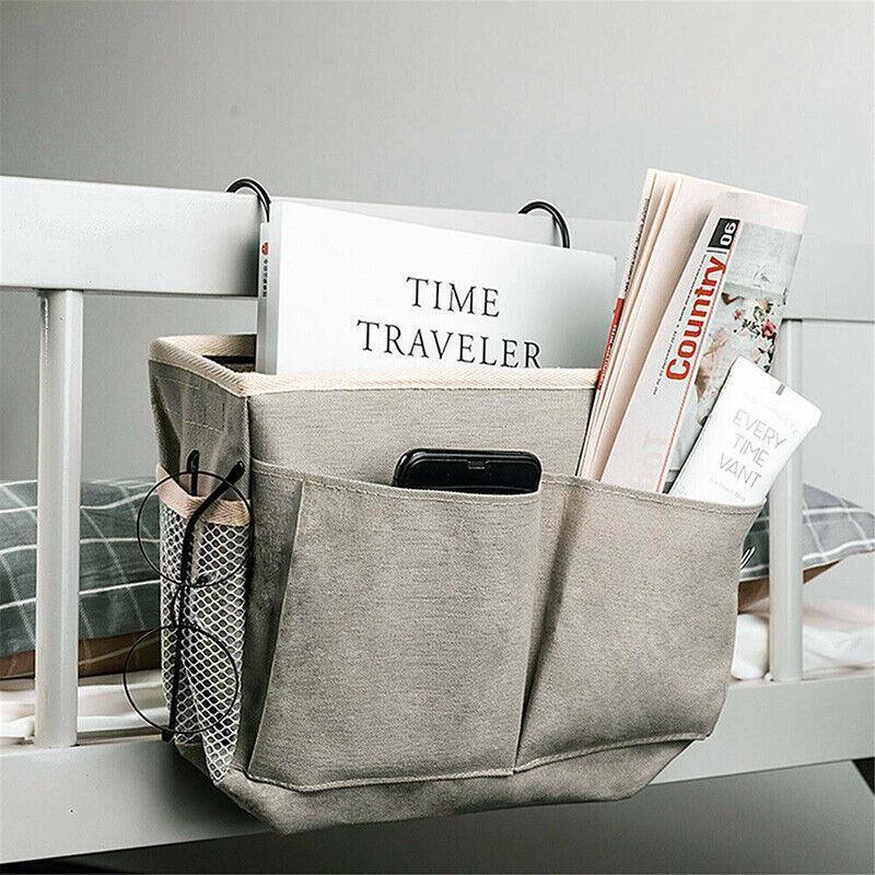 Premium Hanging Canvas Bedside Storage Caddy - Dark Grey, 30 x 26 x 11cm