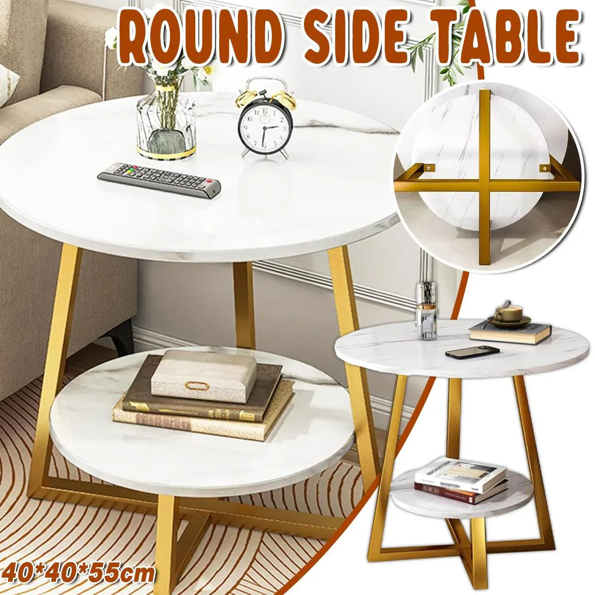 Premium White 2 Tier Marble Look Round Side Table 40x55cm Nightstand