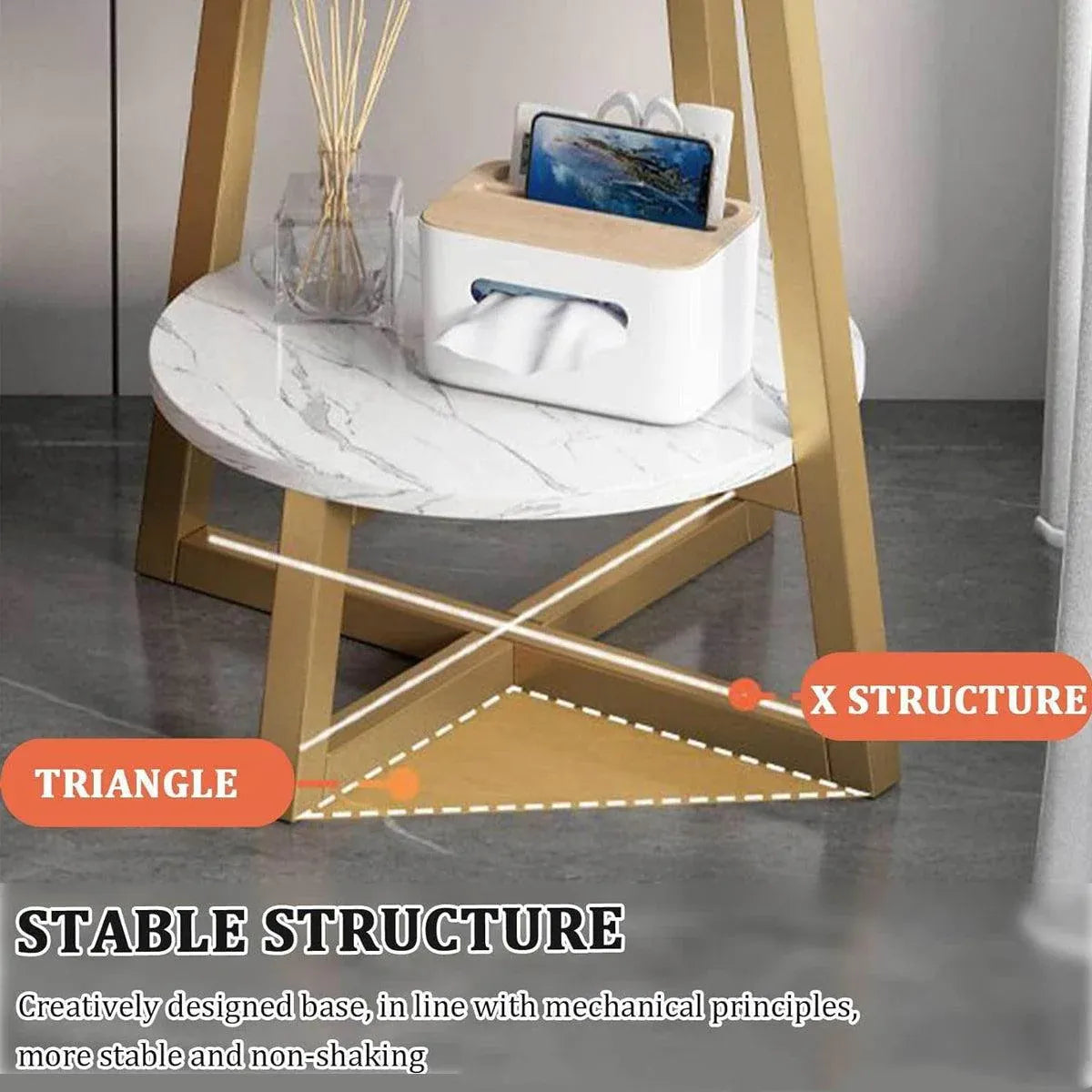 Premium White 2 Tier Marble Look Round Side Table 40x55cm Nightstand
