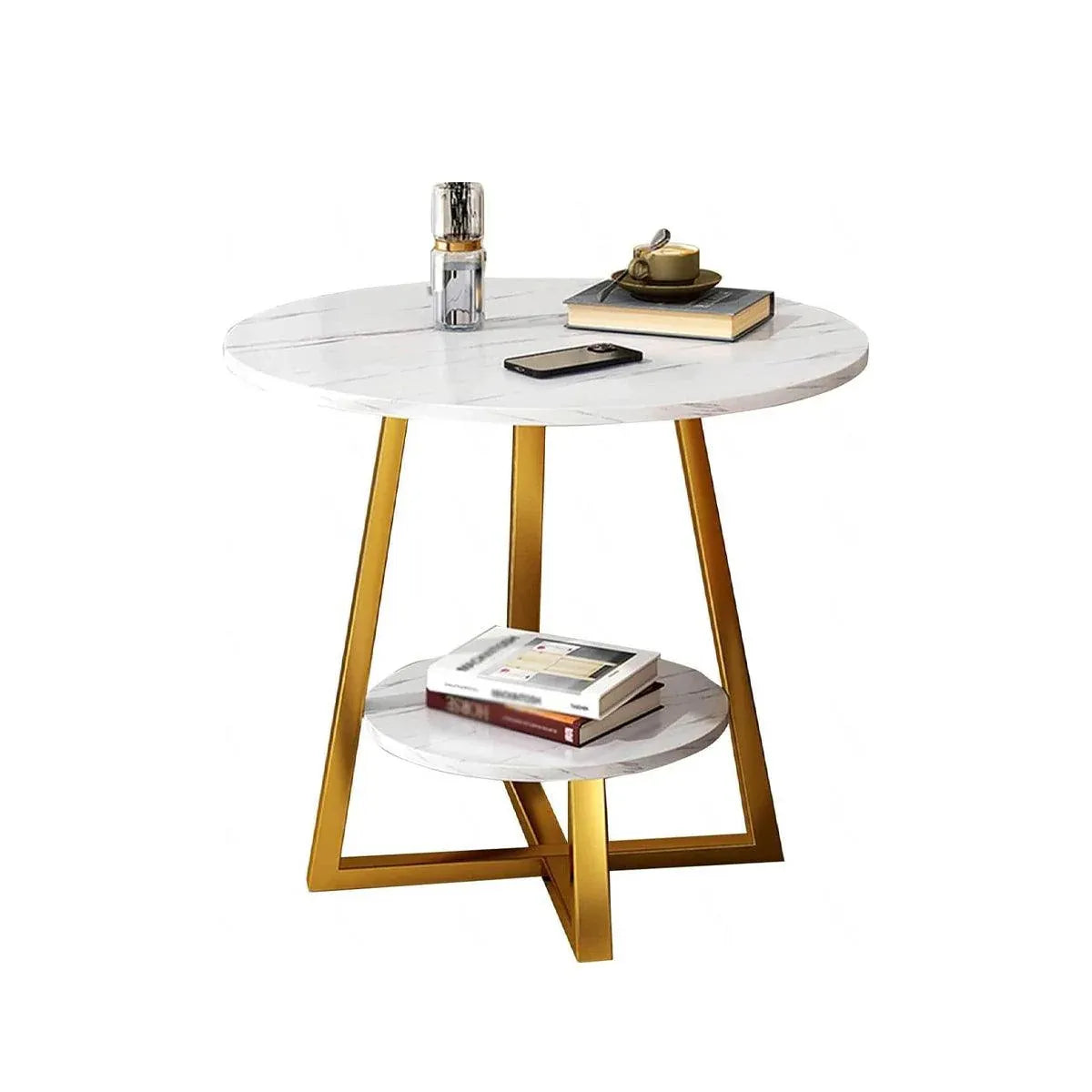 Premium White 2 Tier Marble Look Round Side Table 40x55cm Nightstand