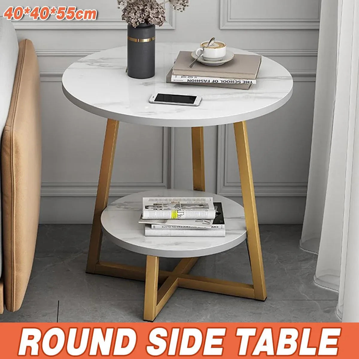Premium White 2 Tier Marble Look Round Side Table 40x55cm Nightstand