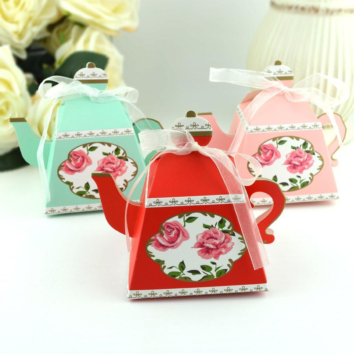 50x Teapot Candy Boxes Wedding Favor & Tea Party Gift Packaging with Floral Designs - Blue - SuperSaverAU - view 5