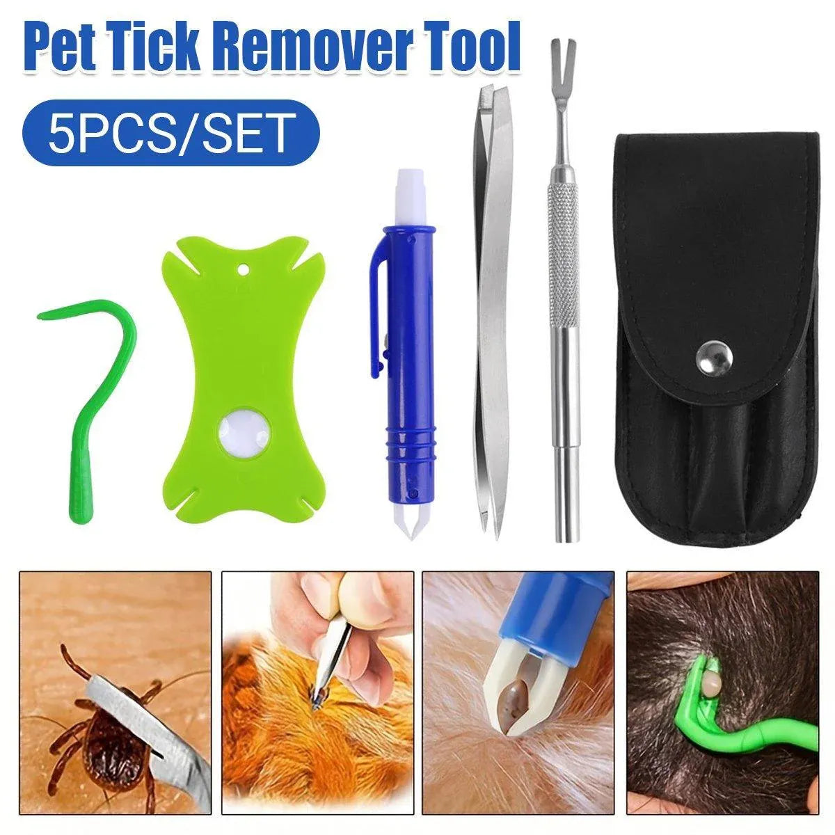 Premium 5 Piece Pet Flea & Tick Removal Tool Set with Carry Pouch