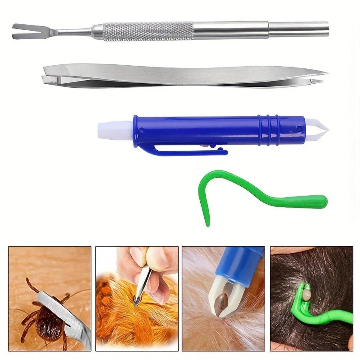Premium 5 Piece Pet Flea & Tick Removal Tool Set with Carry Pouch