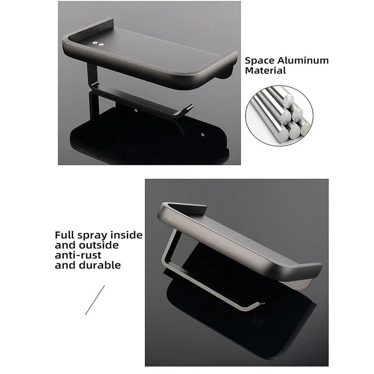 Premium Wall Mounted Toilet Paper Holder – Black Aluminium with Shelf