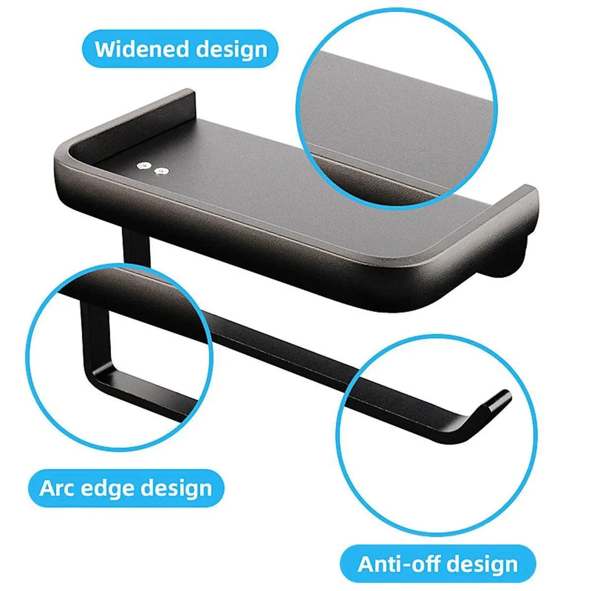 Premium Wall Mounted Toilet Paper Holder – Black Aluminium with Shelf