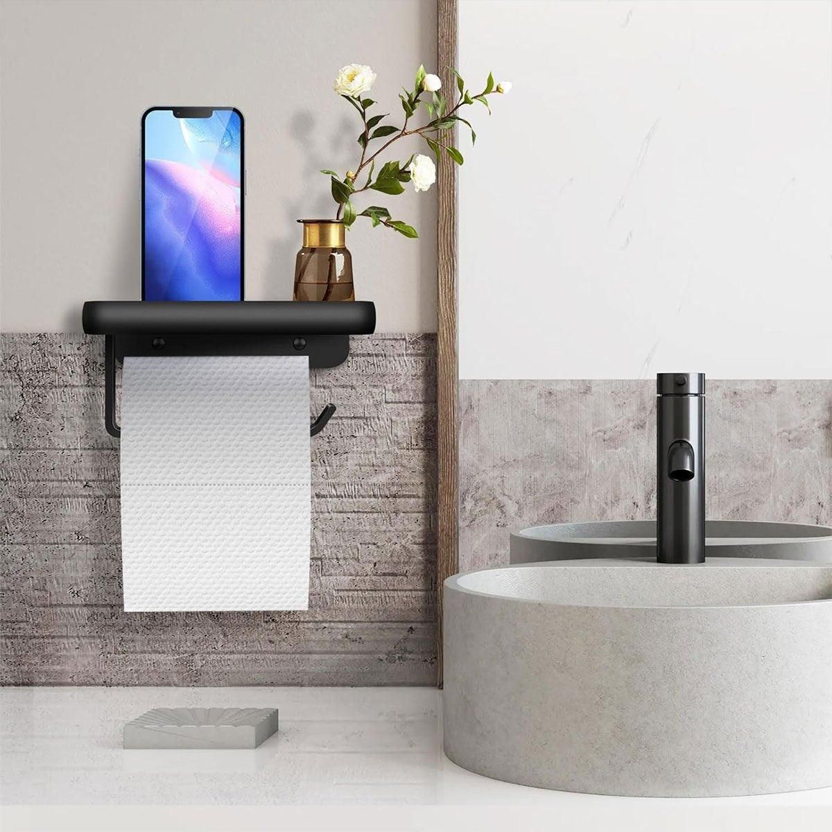 Premium Wall Mounted Toilet Paper Holder – Black Aluminium with Shelf