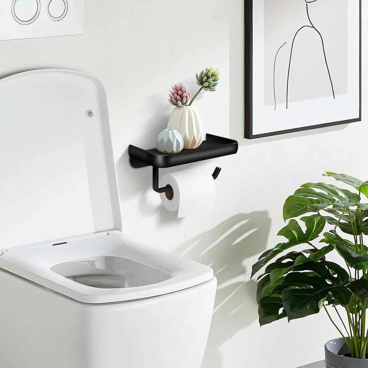 Premium Wall Mounted Toilet Paper Holder – Black Aluminium with Shelf