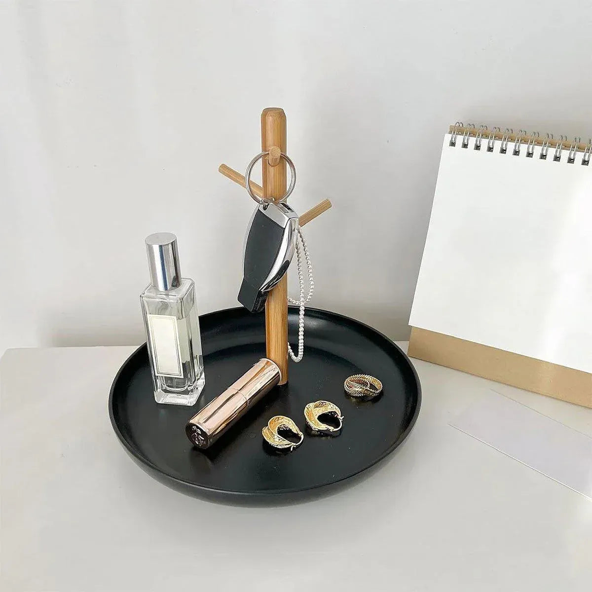 Premium Branch Tray Desktop Storage Rack – White with Bamboo Holder