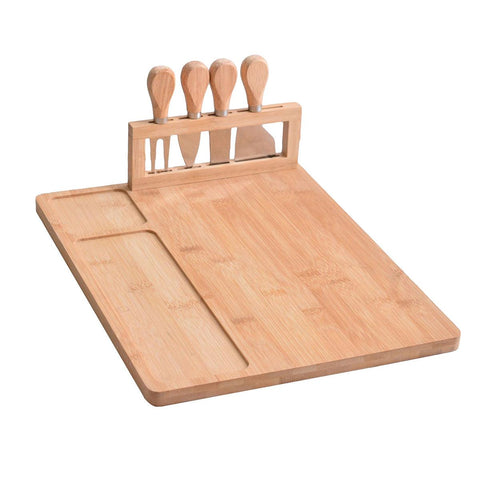 Bamboo Cheese Board Set 35cm with 4 Stainless Steel Knives for Charcuterie - SuperSaverAU - view 1