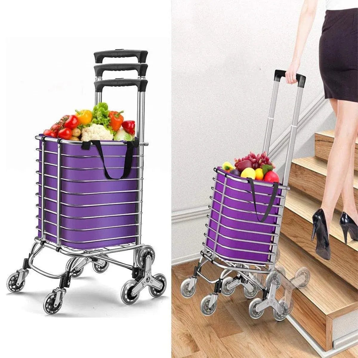 Premium Folding Shopping Trolley – Purple 8 Wheels