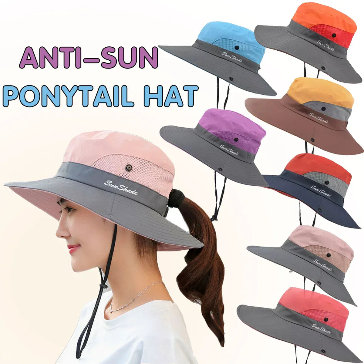 Premium Watermelon Red Women's Wide Brim Ponytail UV Sun Visor Hat