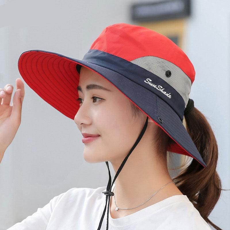Premium Watermelon Red Women's Wide Brim Ponytail UV Sun Visor Hat