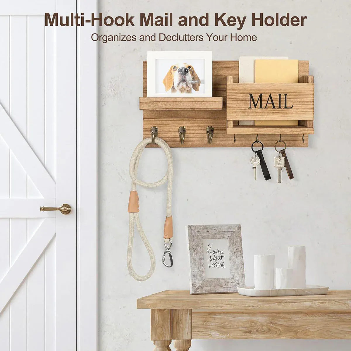 Premium Wooden Wall Mounted Key Holder Mail Organiser Coat Rack with 7 Hooks