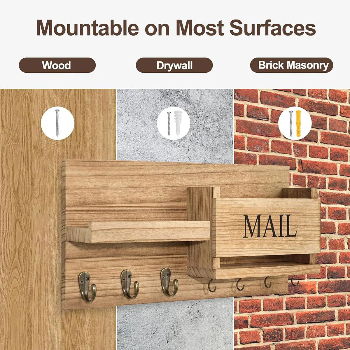 Premium Wooden Wall Mounted Key Holder Mail Organiser Coat Rack with 7 Hooks