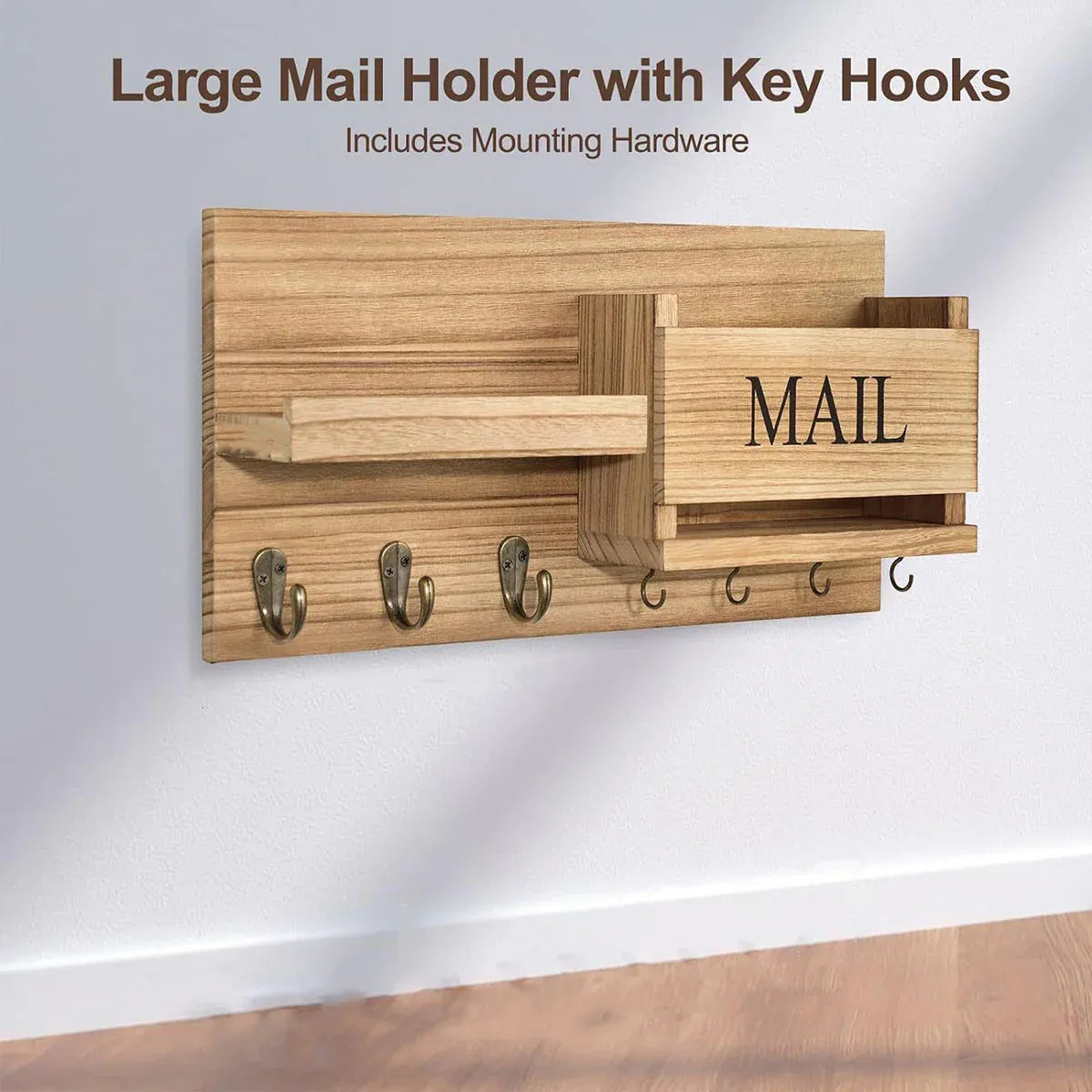 Premium Wooden Wall Mounted Key Holder Mail Organiser Coat Rack with 7 Hooks