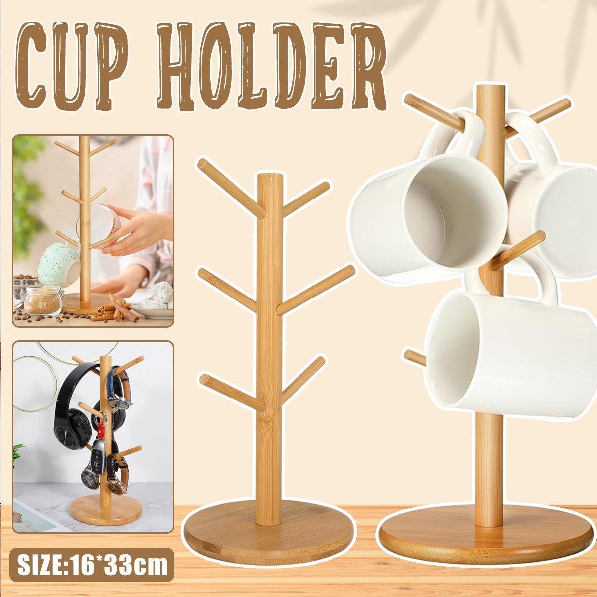 Premium Bamboo Cup Holder Rack – 6 Branches