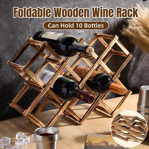 Premium Foldable Wooden Wine Rack 10 Bottle Pine Display Stand