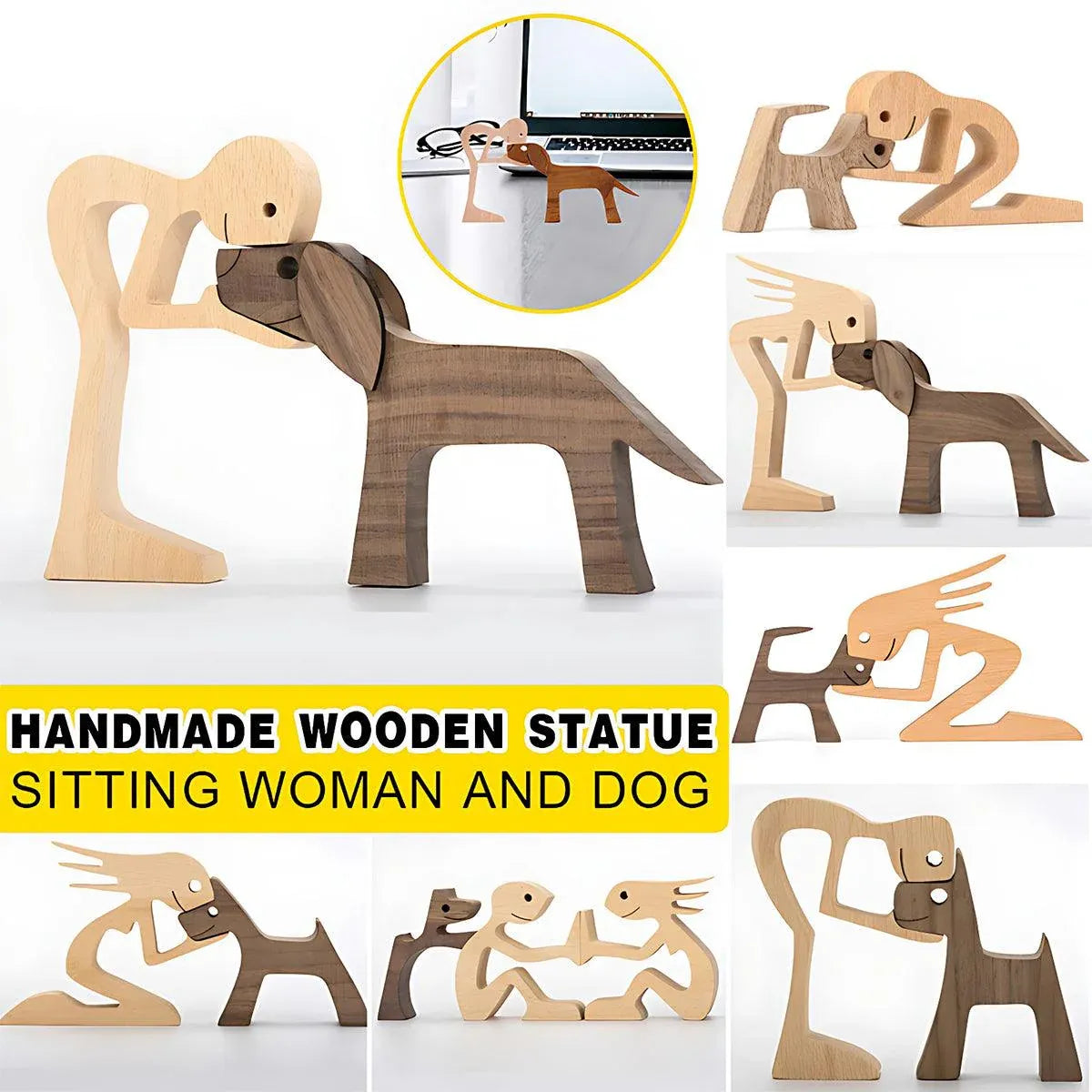 Premium Handmade Wooden Pet Carving Statue – Girl With Dog B02