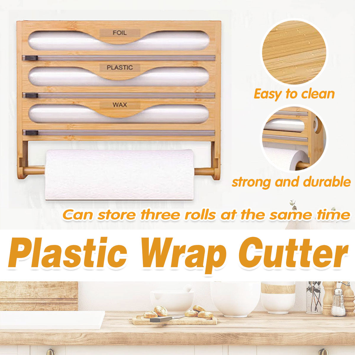 Premium Bamboo Wrap Cutter Organiser – with Paper Towel Holder